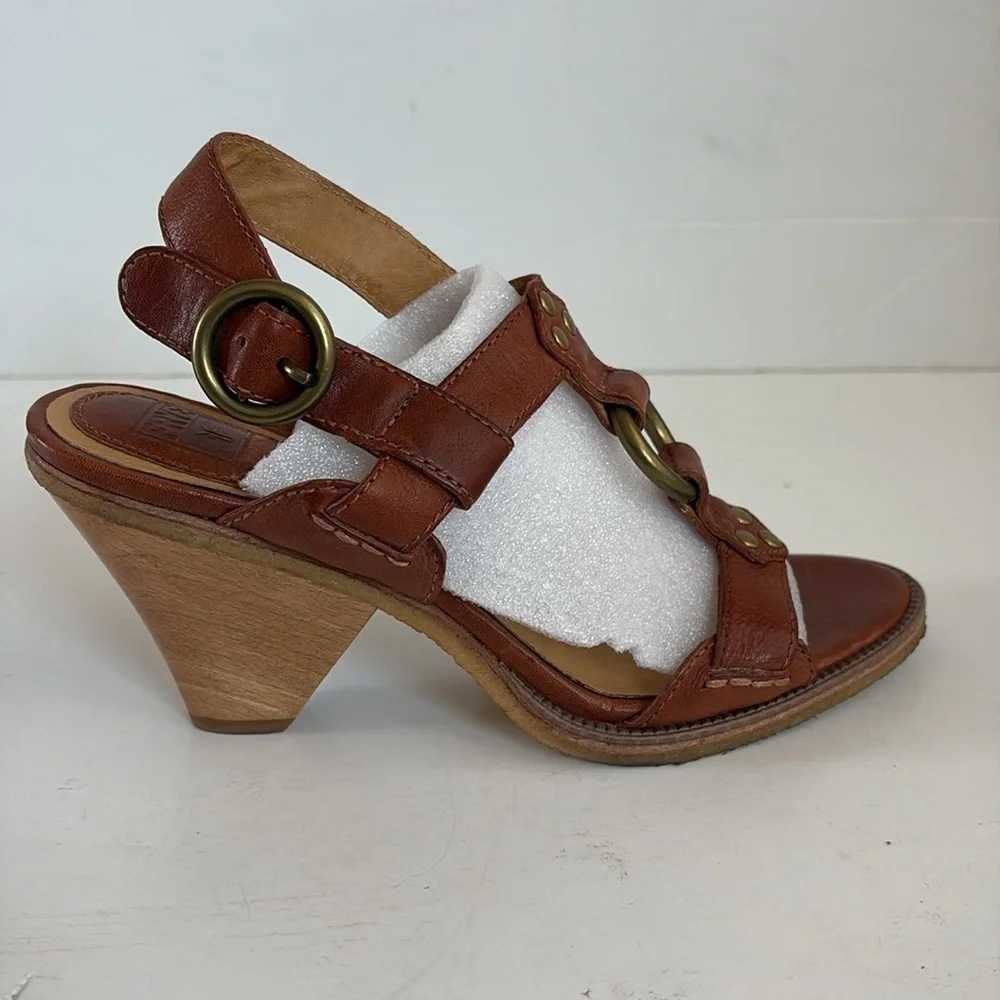 Frye Mandy T Strap brown leather up gladiator gold hardware open toe sandal cone